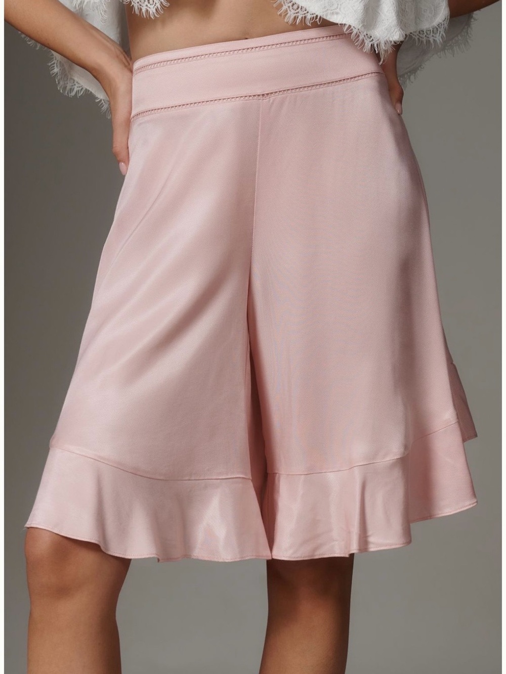 Anthropologie Pale Blush Satin Ruffle-Trim Shorts